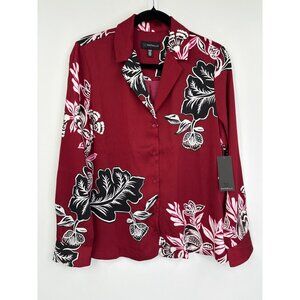 Rafaella Satin Floral Long Sleeve Button Blouse Burgundy Red Medium NEW